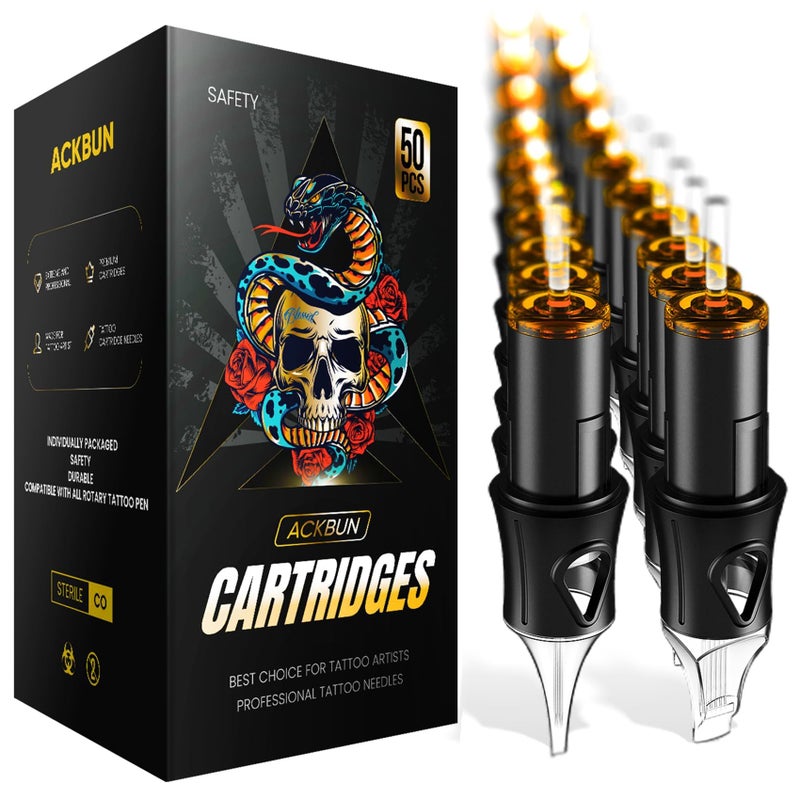 Ackbun 50 Assorted Tattoo Cartridge Needles Mixed Size #12 Standard Round Liner Shader Magnum - 5Pcs each of 5RL, 7RL, 9RL, 11RL, 5RS, 9RS, 15M1, 21M1, 15RM, 21RM Pro Disposable Tattoo Needles - Image 1