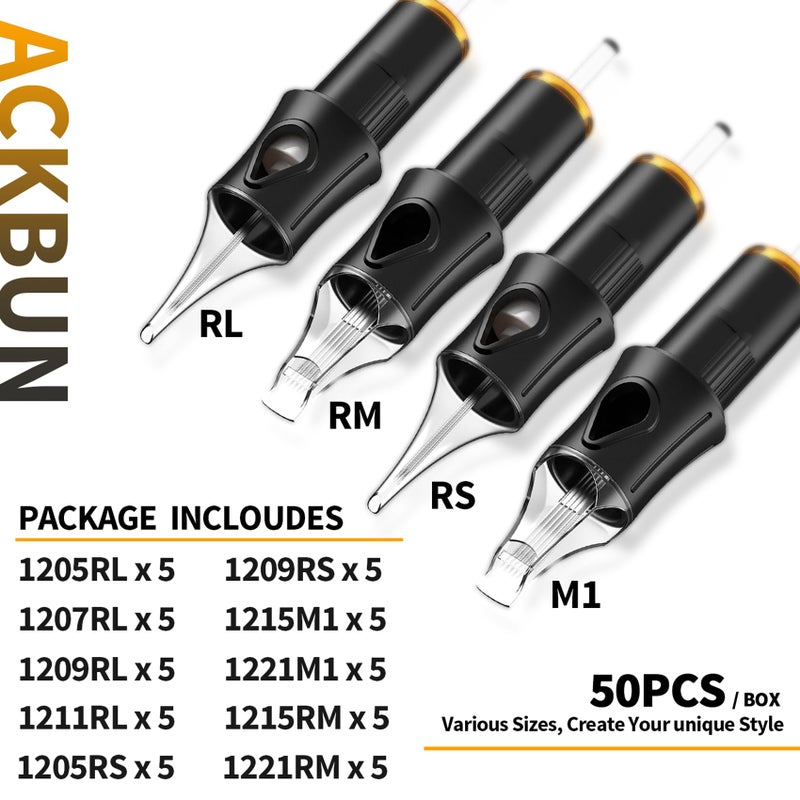 Ackbun 50 Assorted Tattoo Cartridge Needles Mixed Size #12 Standard Round Liner Shader Magnum - 5Pcs each of 5RL, 7RL, 9RL, 11RL, 5RS, 9RS, 15M1, 21M1, 15RM, 21RM Pro Disposable Tattoo Needles - Image 2