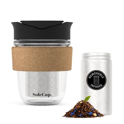 SoleCup. Travel Mug Loose Tea Infuser - Detachable Tea Strainer with Spillproof Lid - BPA-Free Reusable Glass Travel Coffee Cup with Cork Band (Black, 12oz) - Image 1