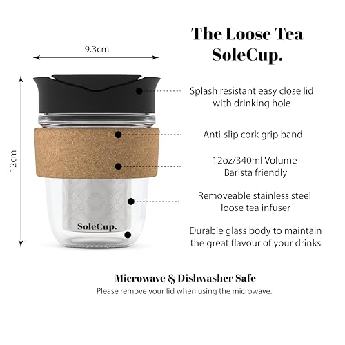 SoleCup. Travel Mug Loose Tea Infuser - Detachable Tea Strainer with Spillproof Lid - BPA-Free Reusable Glass Travel Coffee Cup with Cork Band (Black, 12oz) - Image 2