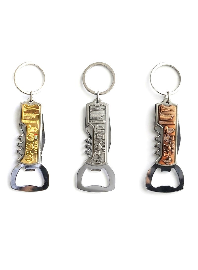Souvenir Souq Metal Keychain 3pcs Dubai Famous Buildings with in built opener and Cork bottle opener - Image 1