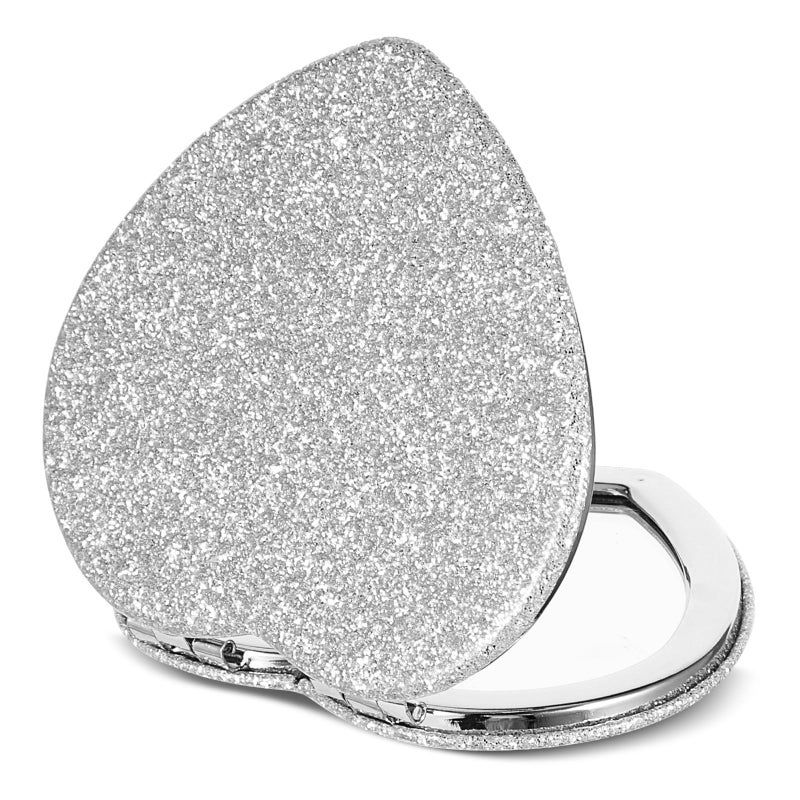 Dimeho Compact Folding Mirror Heart Shaped Magnifying Mini Vanity Mirror Portable Travel Makeup Tools for Purse Double-Sided Cute Glitter Cosmetic ccessories (Silver-Silver) - Image 1