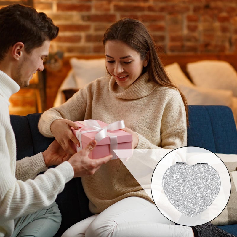 Dimeho Compact Folding Mirror Heart Shaped Magnifying Mini Vanity Mirror Portable Travel Makeup Tools for Purse Double-Sided Cute Glitter Cosmetic ccessories (Silver-Silver) - Image 3