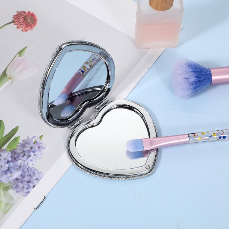 Dimeho Compact Folding Mirror Heart Shaped Magnifying Mini Vanity Mirror Portable Travel Makeup Tools for Purse Double-Sided Cute Glitter Cosmetic ccessories (Silver-Silver) - Image 4