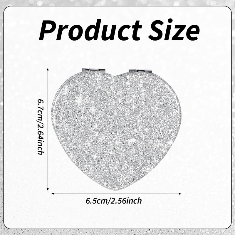Dimeho Compact Folding Mirror Heart Shaped Magnifying Mini Vanity Mirror Portable Travel Makeup Tools for Purse Double-Sided Cute Glitter Cosmetic ccessories (Silver-Silver) - Image 2