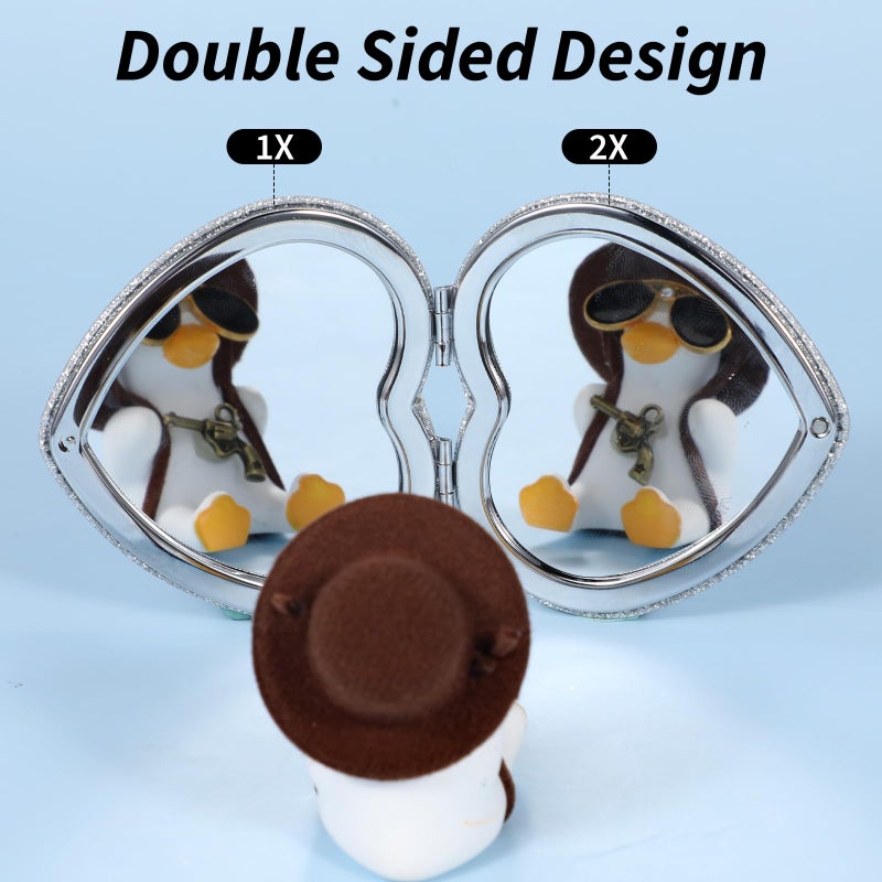 Dimeho Compact Folding Mirror Heart Shaped Magnifying Mini Vanity Mirror Portable Travel Makeup Tools for Purse Double-Sided Cute Glitter Cosmetic ccessories (Silver-Silver) - Image 5