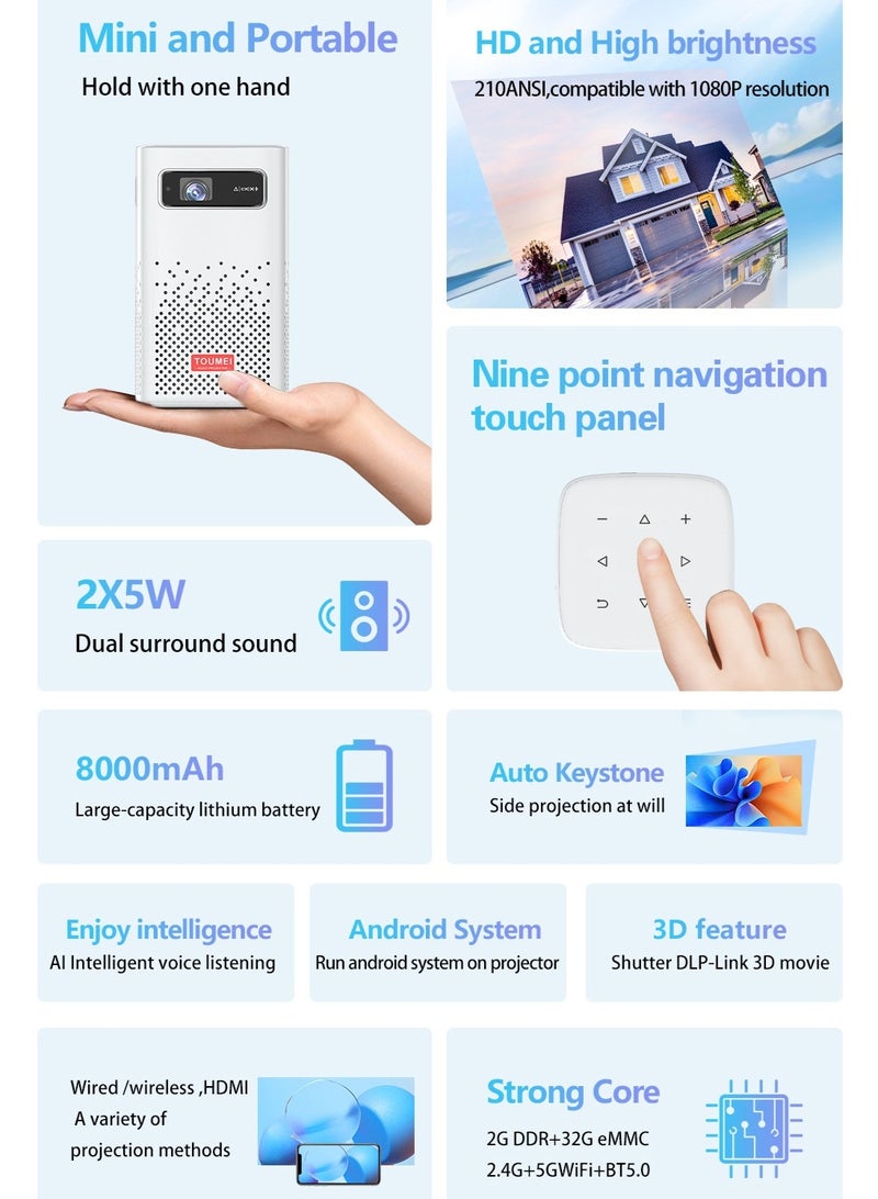 تومي جهاز عرض C900 عالي الدقة 1080 بكسل بتقنية DLP - بطارية مدمجة 8000 مللي أمبير/ساعة - 210 لومن ANSI - تصحيح الانحراف التلقائي - جهاز عرض ذكي مزود بشبكة Wi-Fi وبلوتوث - يدعم مشاركة الشاشة لاسلكيًا بين الهواتف المحمولة وأجهزة الكمبيوتر - مسرح منزلي متنقل محمول، يدعم أجهزة خارجية متعددة - Image 2