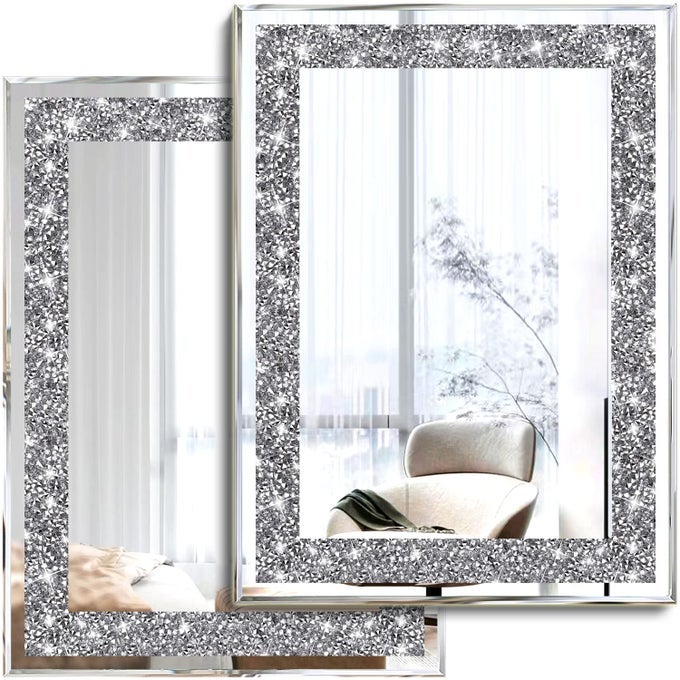 2 PIECE WALL MIRRORS CRUSH DIAMOND WALL DCOR SILVER DECORATIVE MIRRORS FOR LIVING ROOM BEDROOM BATHROOM 11X15