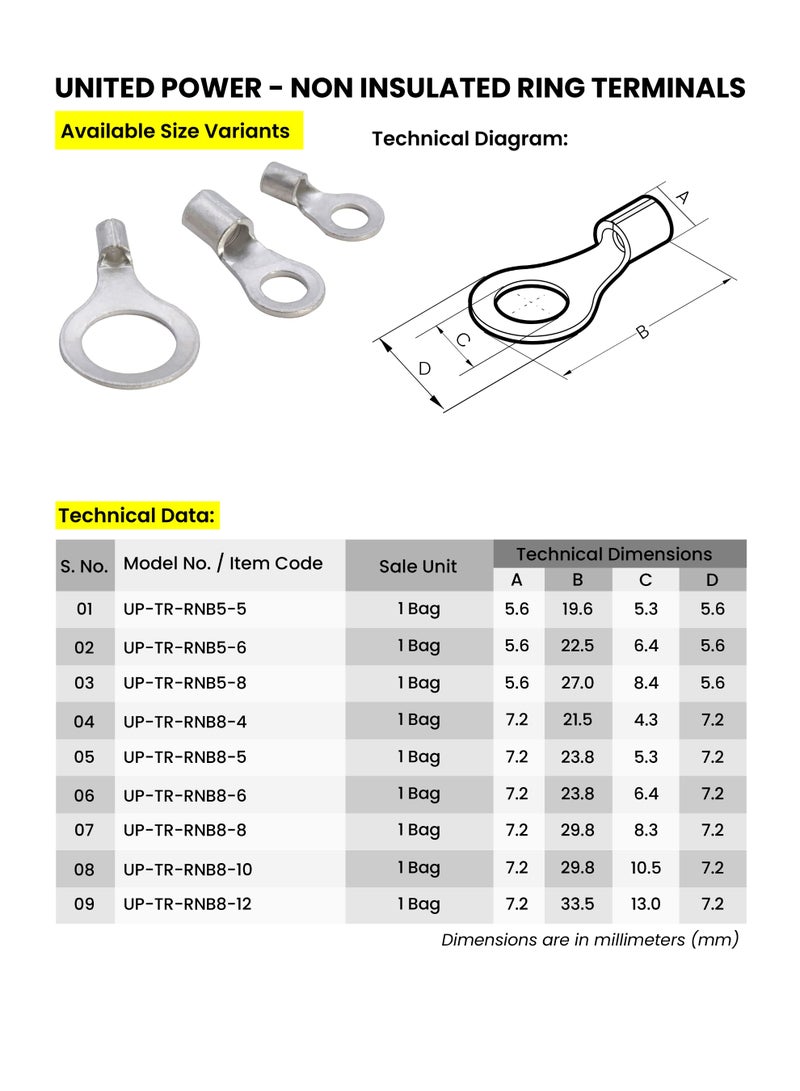 UNITED POWER Non Insulated Ring Terminals | Heavy Duty Crimp Terminals for Battery, Grounding & Wiring - Image 2