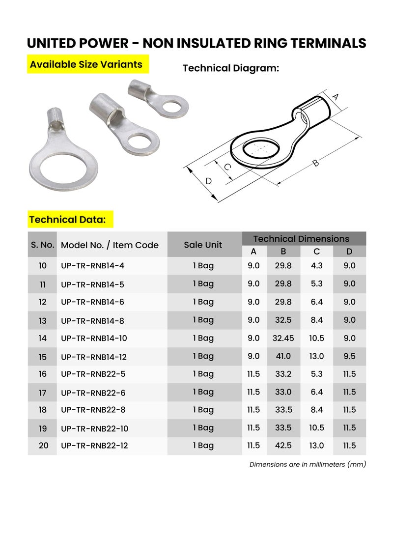 UNITED POWER Non Insulated Ring Terminals | Heavy Duty Crimp Terminals for Battery, Grounding & Wiring - Image 3