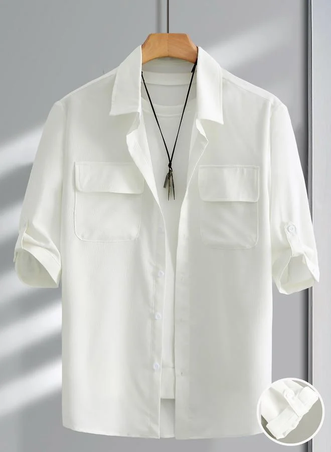 Take Two Men Beige Textured Shirt with Rolled Sleeves