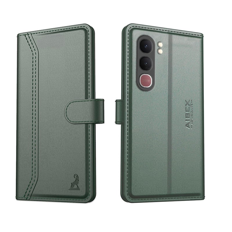 AIBEX ® Compatible for Vivo Y31 5G Flip Cover Leather Finish | Inside TPU with Card Pockets | Wallet Stand | Complete Protection Flip Case Green - Image 1