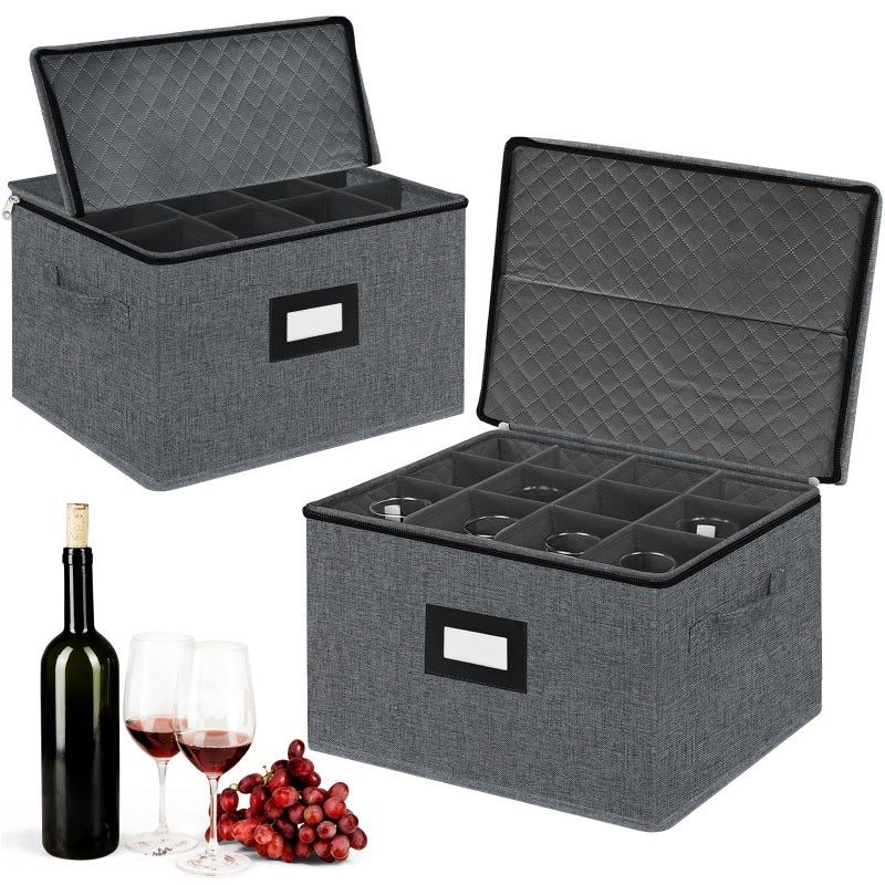 VERONLY 2 Pack Stemware Storage Cases  China Storage Containers Hard Shell for Glasses Stackable Crystal Glassware Storage with Label Handles for ProtectionMoving Dark Gray