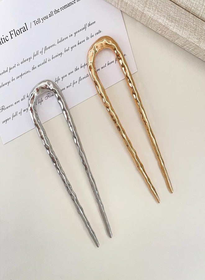 FRDTLUTHW 2PCS U Shaped French Twist Metal Hair Pins for Women,Cute Wavy Hair Forks for Long Thick Hair,Medium Long Silver Gold Hairpins,2 Prong Hair Sticks for Bun Updo,Hair Accessories for Women - Image 5