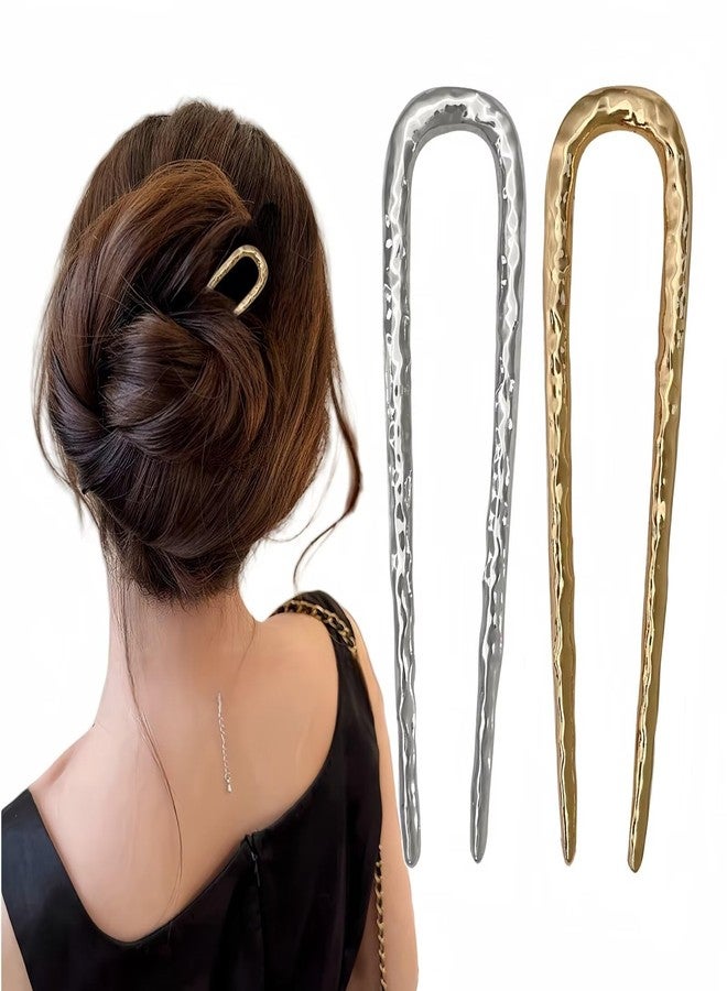 FRDTLUTHW 2PCS U Shaped French Twist Metal Hair Pins for Women,Cute Wavy Hair Forks for Long Thick Hair,Medium Long Silver Gold Hairpins,2 Prong Hair Sticks for Bun Updo,Hair Accessories for Women - Image 1