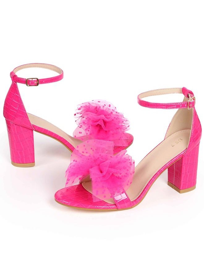 Perphy Mesh Bow Tie Ankle Strap Chunky Heel Hot Pink Sandals for Women 8 M US - Image 3