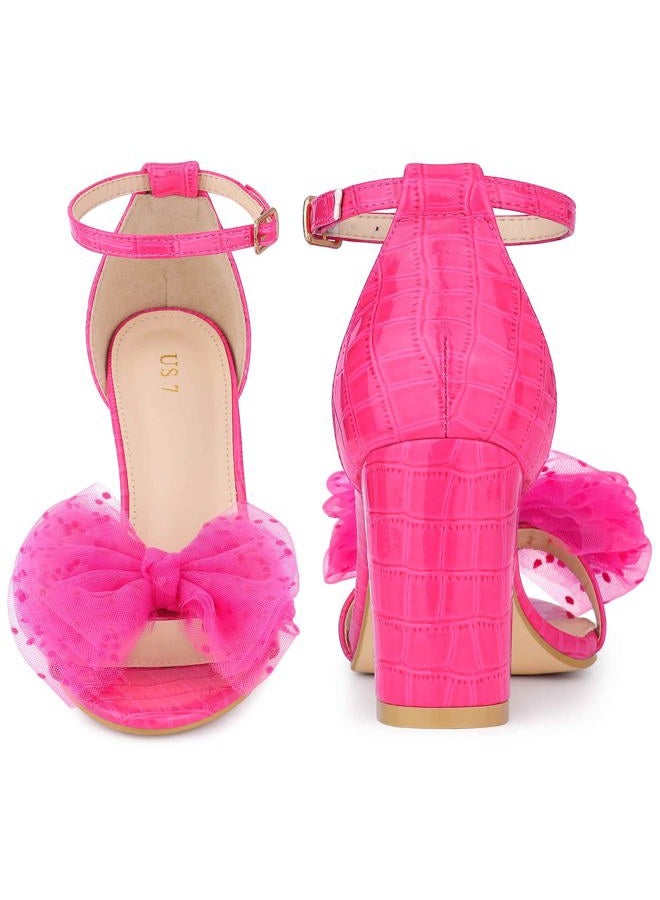 Perphy Mesh Bow Tie Ankle Strap Chunky Heel Hot Pink Sandals for Women 8 M US - Image 4