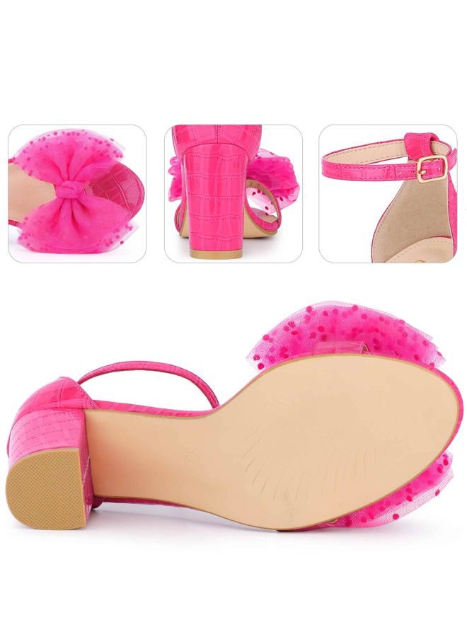 Perphy Mesh Bow Tie Ankle Strap Chunky Heel Hot Pink Sandals for Women 8 M US - Image 5