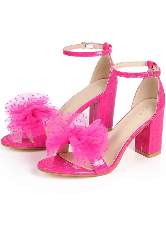 Perphy Mesh Bow Tie Ankle Strap Chunky Heel Hot Pink Sandals for Women 8 M US - Image 1