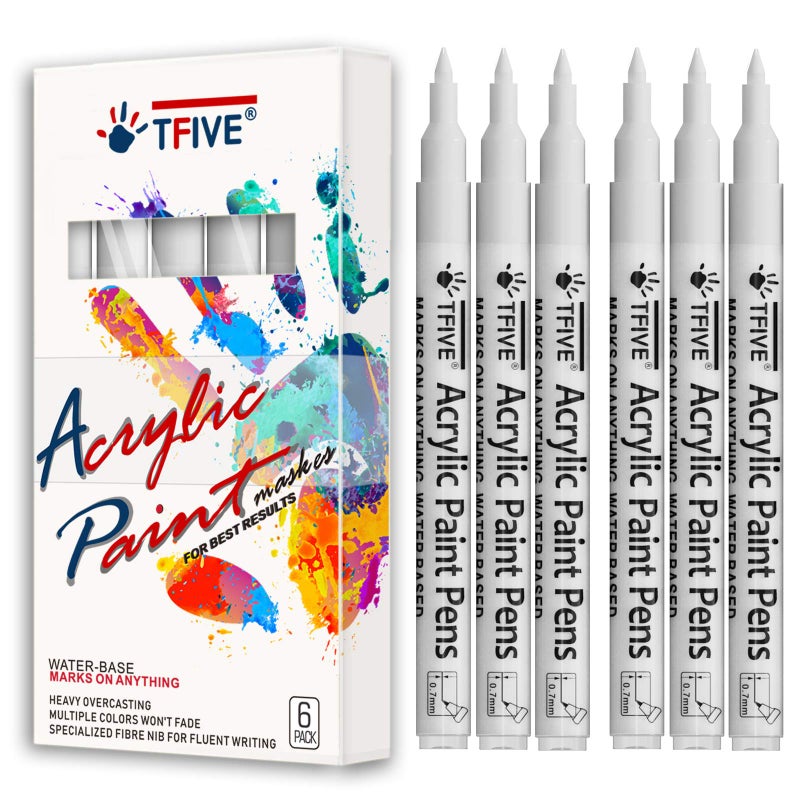 TFIVE White Marker Paint Pens - 6 Pack Acrylic White Permanent Marker, 0.7mm Extra Fine Tip Paint Pen for Art projects, Drawing, Rock Painting, Stone, Ceramic, Glass, Wood, Plastic, Metal, Canvas DIY Crafts - Image 1
