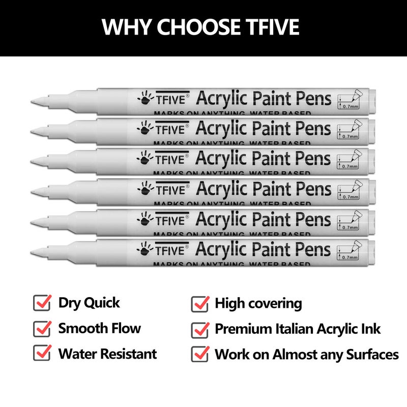 TFIVE White Marker Paint Pens - 6 Pack Acrylic White Permanent Marker, 0.7mm Extra Fine Tip Paint Pen for Art projects, Drawing, Rock Painting, Stone, Ceramic, Glass, Wood, Plastic, Metal, Canvas DIY Crafts - Image 2