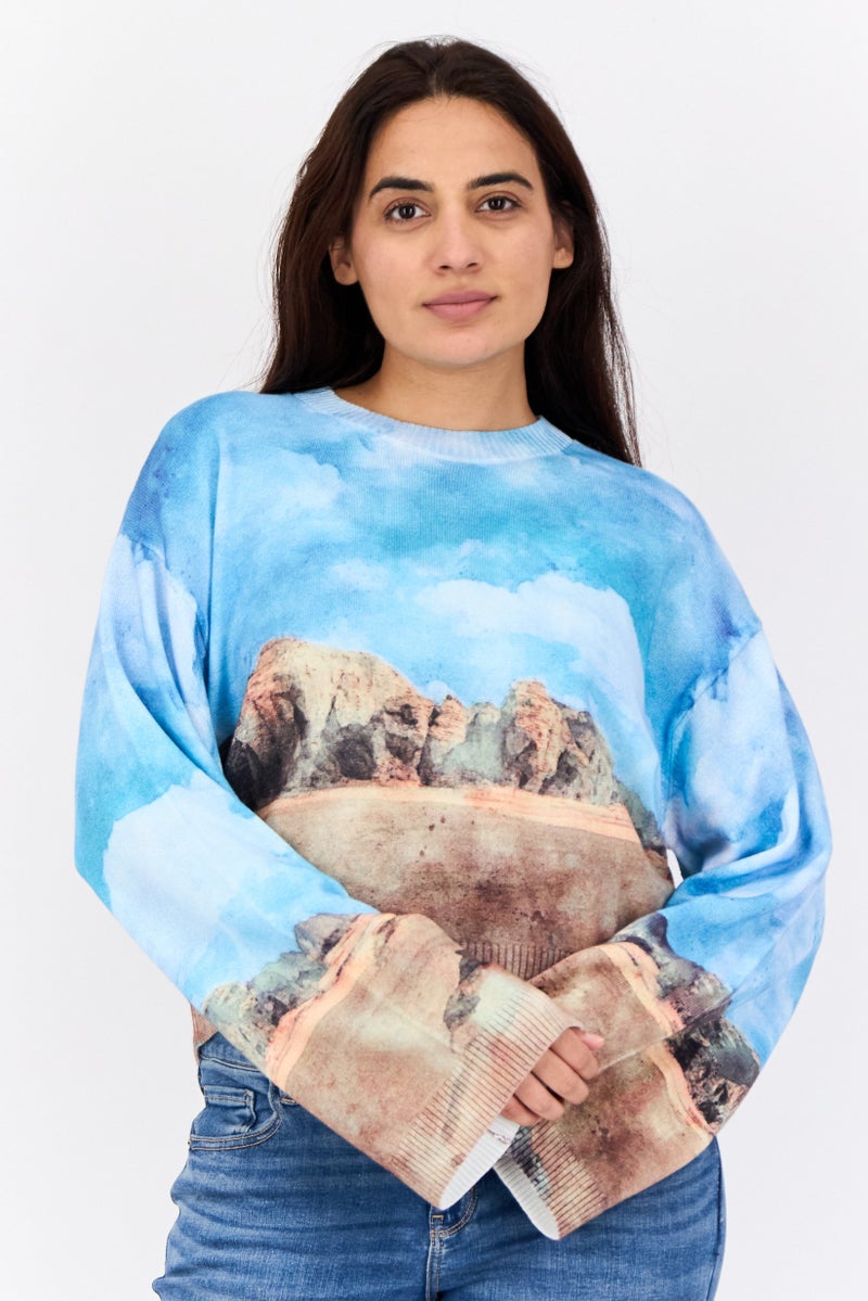 ESPRIT Women Ribbed Collar Graphic Printed Sweater, Multicolour - Image 1