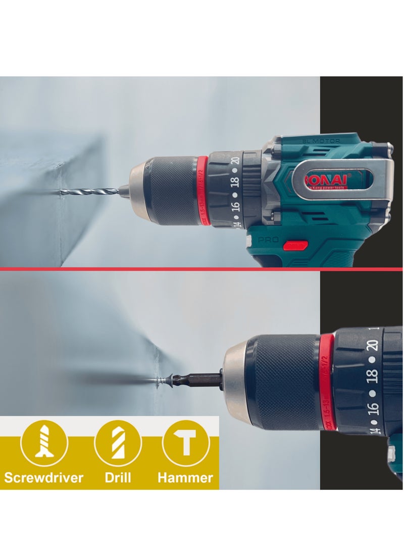 BONAI 88VF Cordless Brushless Impact Drill, 2-Speed Power Driver, 50-60N.m Torque, 13mm Chuck, 1300rpm,  Reversible Electric Screwdriver with Battery & Tool Kit  - Image 3
