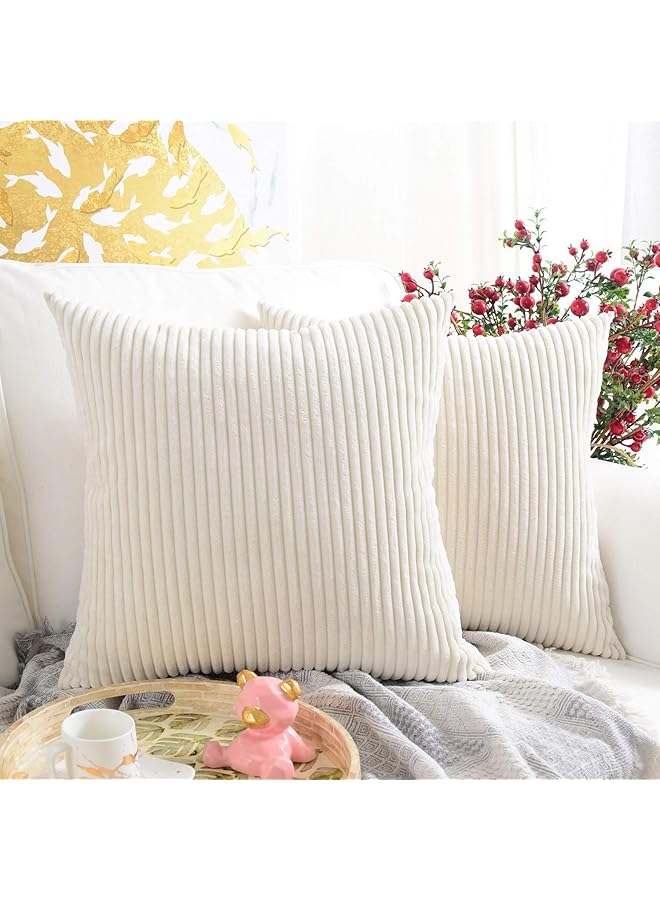 The Bros Corduroy Soft Decorative Square Throw Pillow Cover Cushion Covers Pillowcase, Home Decor Decorations for Sofa Couch Bed Chair 18x18 Inch/45x45 cm (2，Striped Cream) - Image 1