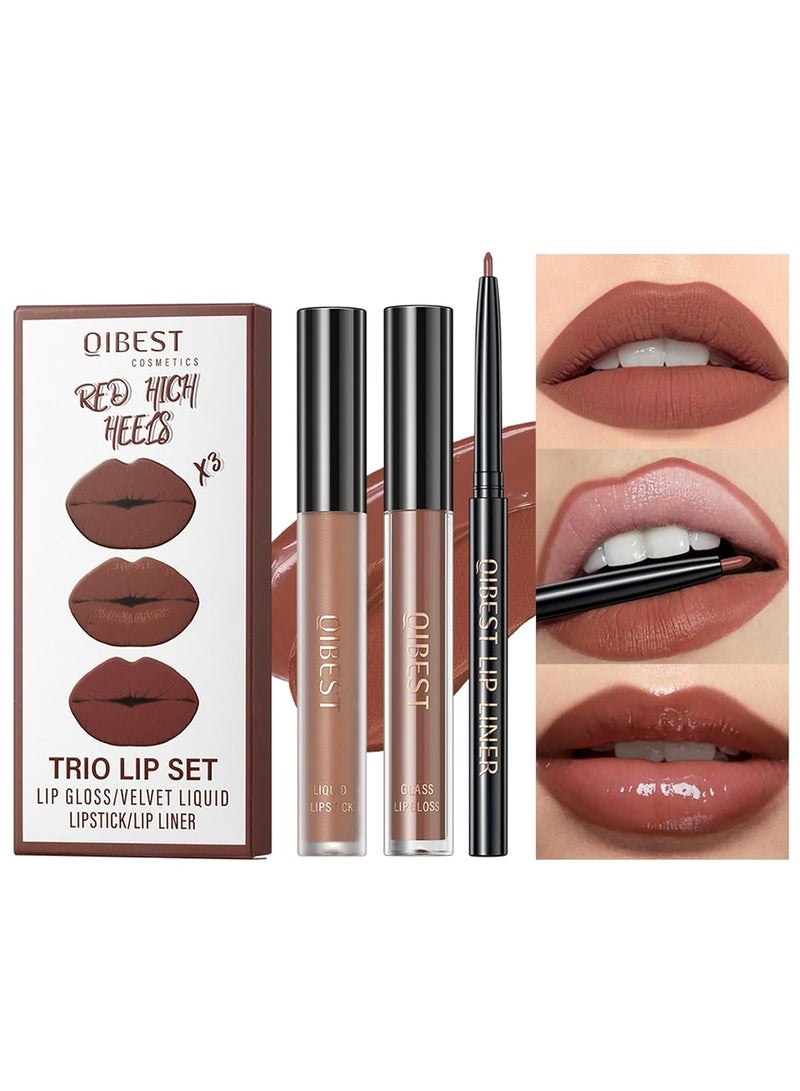 QiBest 3 In 1 Lip Gloss Set With Matte Lipstick ,Moisturizing Lip Gloss And 2mm Lip Liner Liquid Lipstick Long Lasting Makeup Lip Plumping Lipstick Lipgloss Soft And Smooth Like Cream (01 - Sunset Encounter) - Image 1