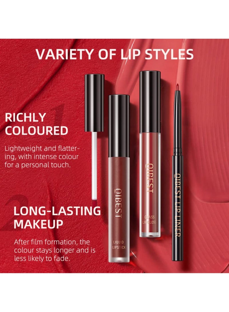 QiBest 3 In 1 Lip Gloss Set With Matte Lipstick ,Moisturizing Lip Gloss And 2mm Lip Liner Liquid Lipstick Long Lasting Makeup Lip Plumping Lipstick Lipgloss Soft And Smooth Like Cream (01 - Sunset Encounter) - Image 3