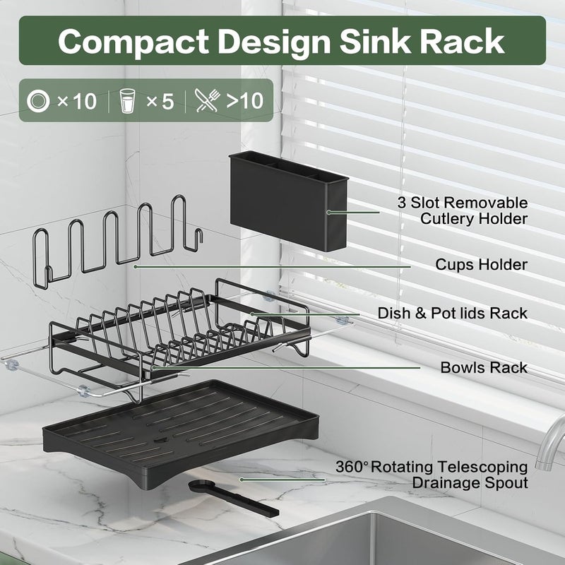 Aufworld Dish Drying Rack, Expandable Rustproof Sink Dish Rack with Drainboard, Over Sink Dish Drainer for Kitchen Counter with Utensil Holder & Cup Rack, Space Saving Dish Dryer Rack for Inside Sink - Image 2