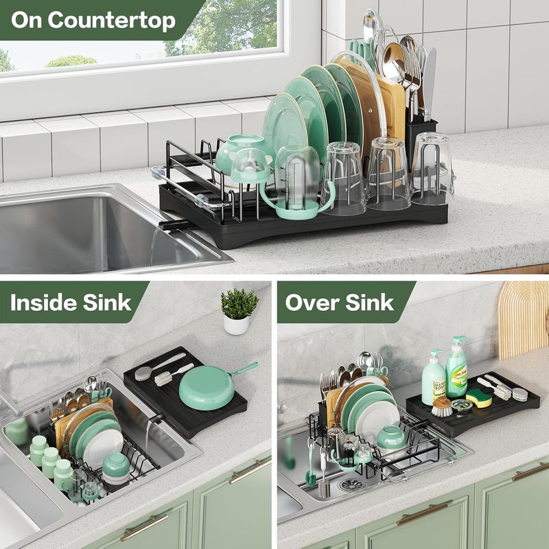 Aufworld Dish Drying Rack, Expandable Rustproof Sink Dish Rack with Drainboard, Over Sink Dish Drainer for Kitchen Counter with Utensil Holder & Cup Rack, Space Saving Dish Dryer Rack for Inside Sink - Image 5