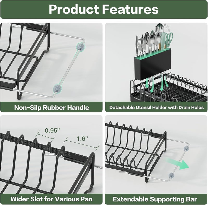 Aufworld Dish Drying Rack, Expandable Rustproof Sink Dish Rack with Drainboard, Over Sink Dish Drainer for Kitchen Counter with Utensil Holder & Cup Rack, Space Saving Dish Dryer Rack for Inside Sink - Image 4