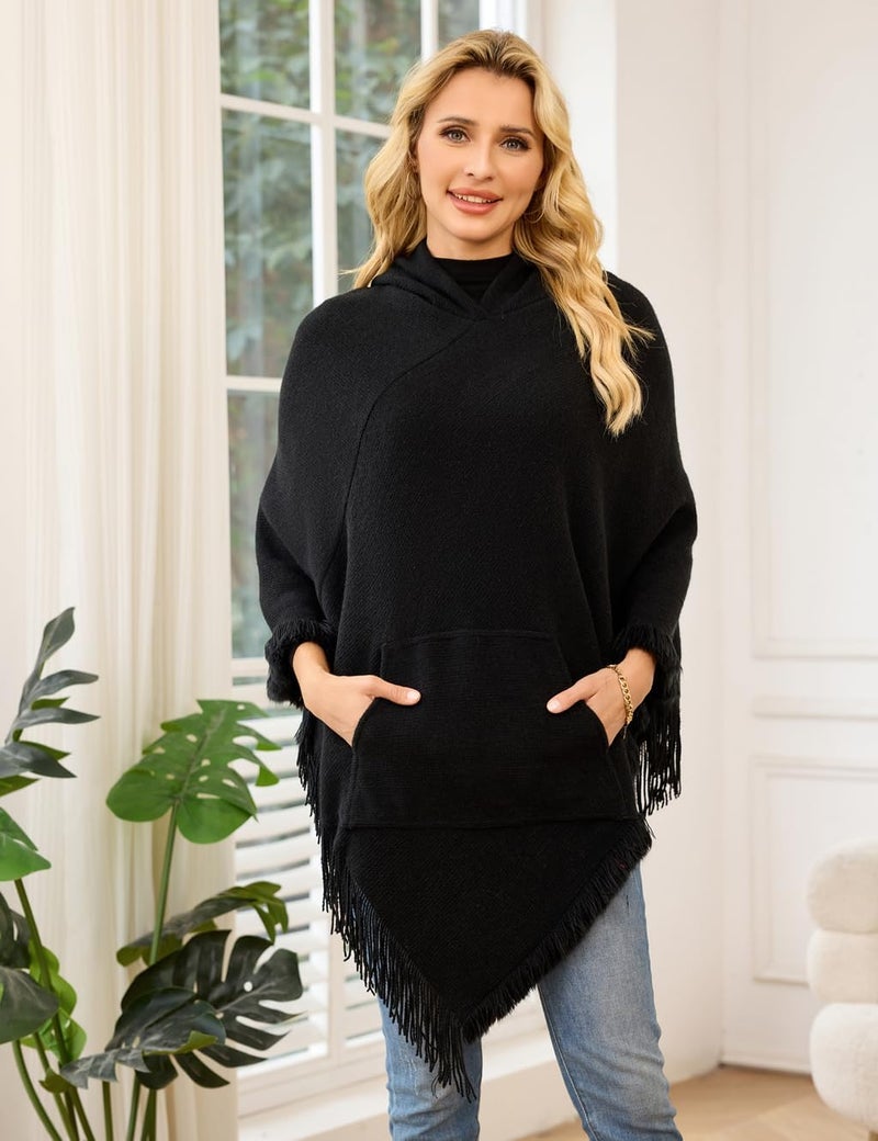 Ferand Ladies' Hooded Cape with Fringed Hem, Crochet Poncho Knitting Patterns for Women - Image 3