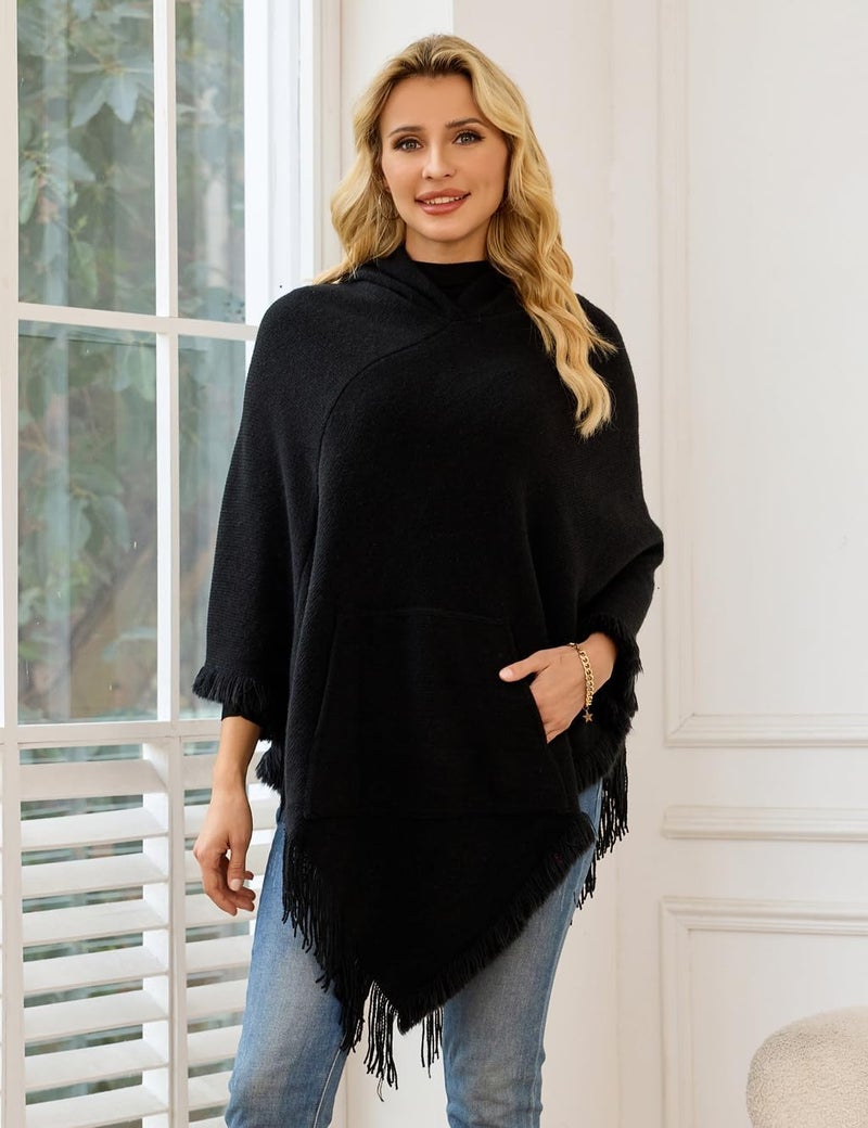 Ferand Ladies' Hooded Cape with Fringed Hem, Crochet Poncho Knitting Patterns for Women - Image 1