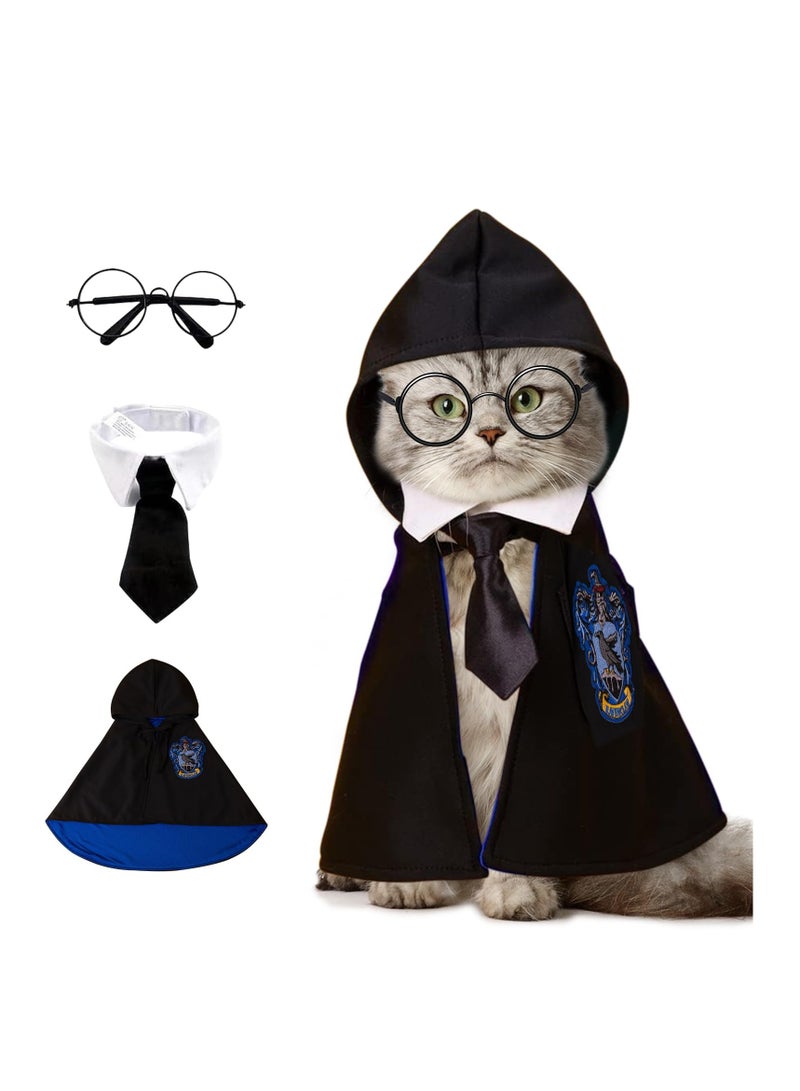 Dog and Cat Halloween Wizard Costume Cape, Classic College Design, Cute Dual-Layer Fabric Set with Soft Hoodies, Glasses, and Neckties (Blue) for Pets.