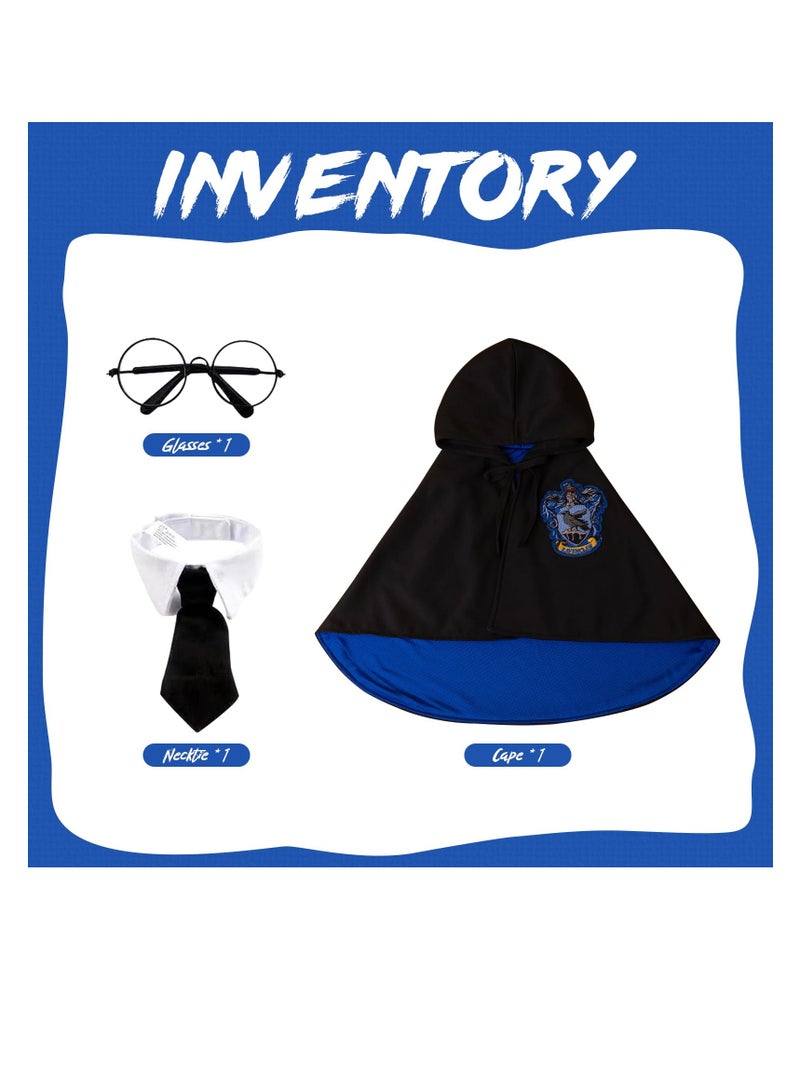 Dog and Cat Halloween Wizard Costume Cape, Classic College Design, Cute Dual-Layer Fabric Set with Soft Hoodies, Glasses, and Neckties (Blue) for Pets.