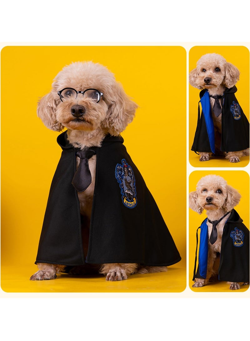 Dog and Cat Halloween Wizard Costume Cape, Classic College Design, Cute Dual-Layer Fabric Set with Soft Hoodies, Glasses, and Neckties (Blue) for Pets.