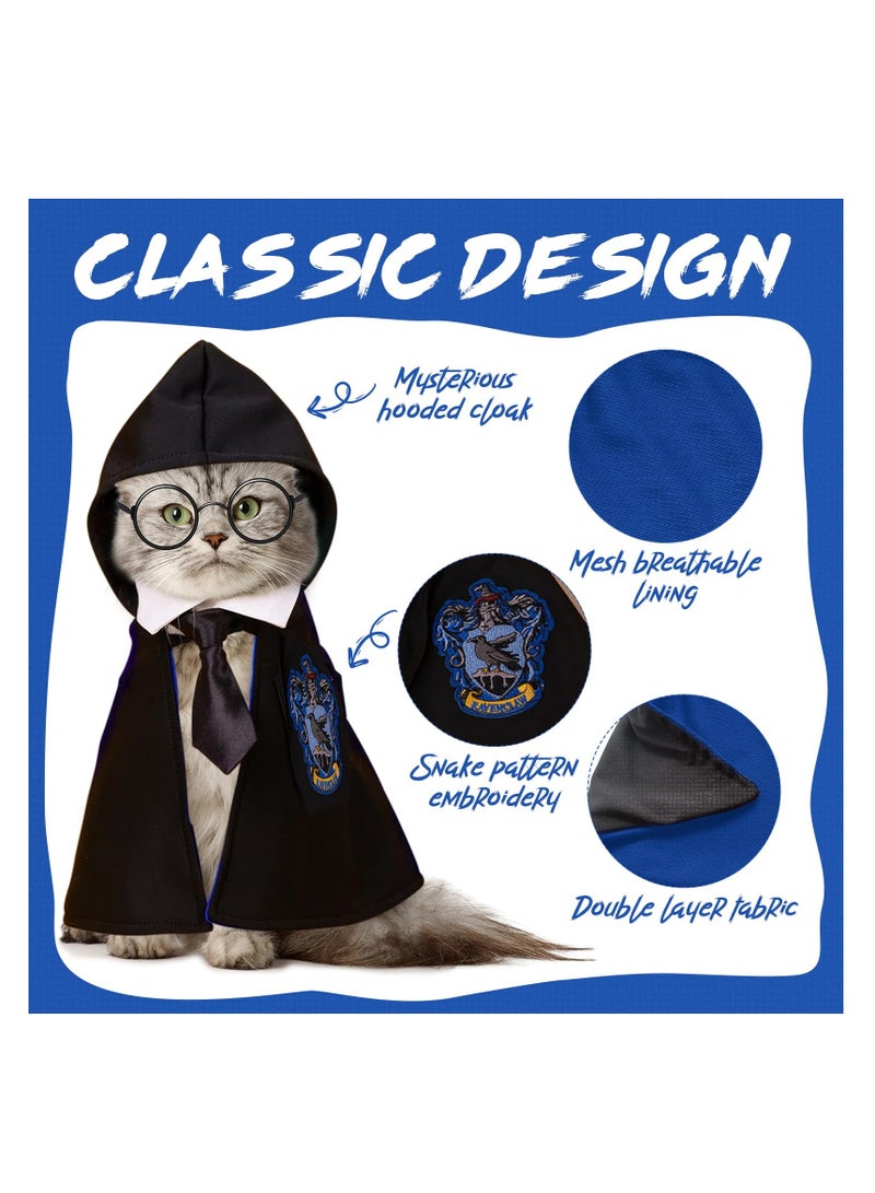 Dog and Cat Halloween Wizard Costume Cape, Classic College Design, Cute Dual-Layer Fabric Set with Soft Hoodies, Glasses, and Neckties (Blue) for Pets.