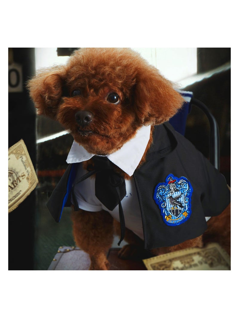 Dog and Cat Halloween Wizard Costume Cape, Classic College Design, Cute Dual-Layer Fabric Set with Soft Hoodies, Glasses, and Neckties (Blue) for Pets.