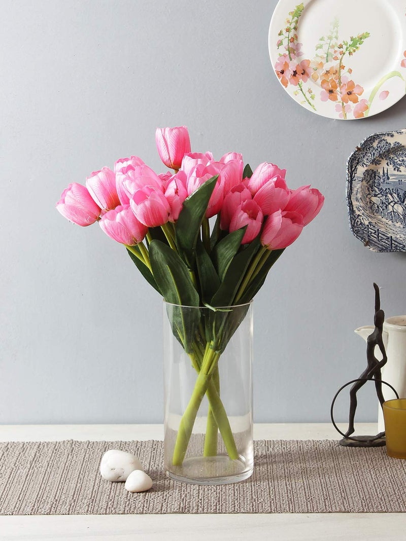 Fourwalls Beautiful Decorative Artificial Tulip Flower Bunch for Home dcor 40 cm Tall 9 Heads Set of 3 LightPink - Image 1