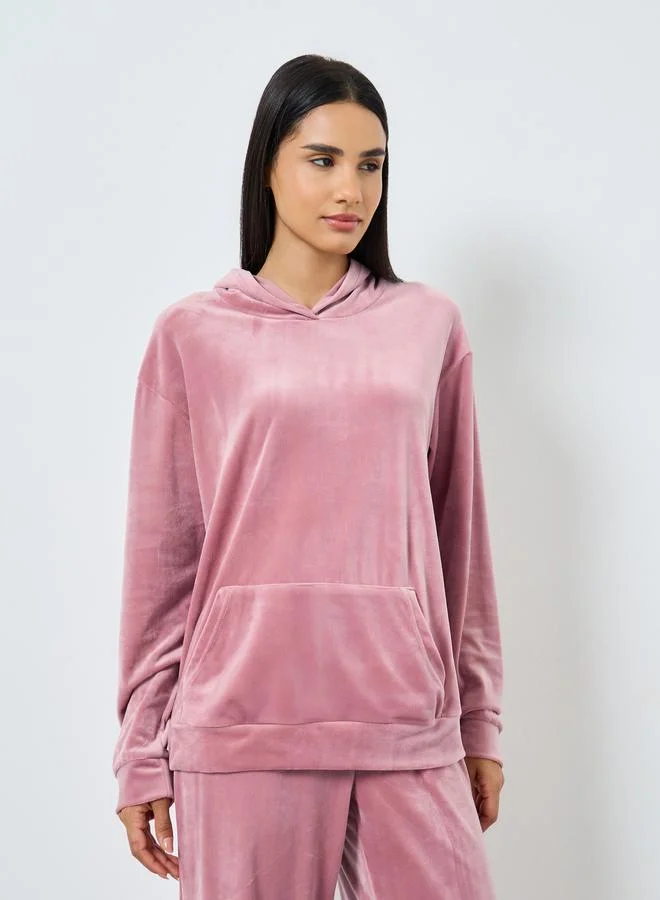 Styli Velvet Look Hooded Top and Pyjama Set