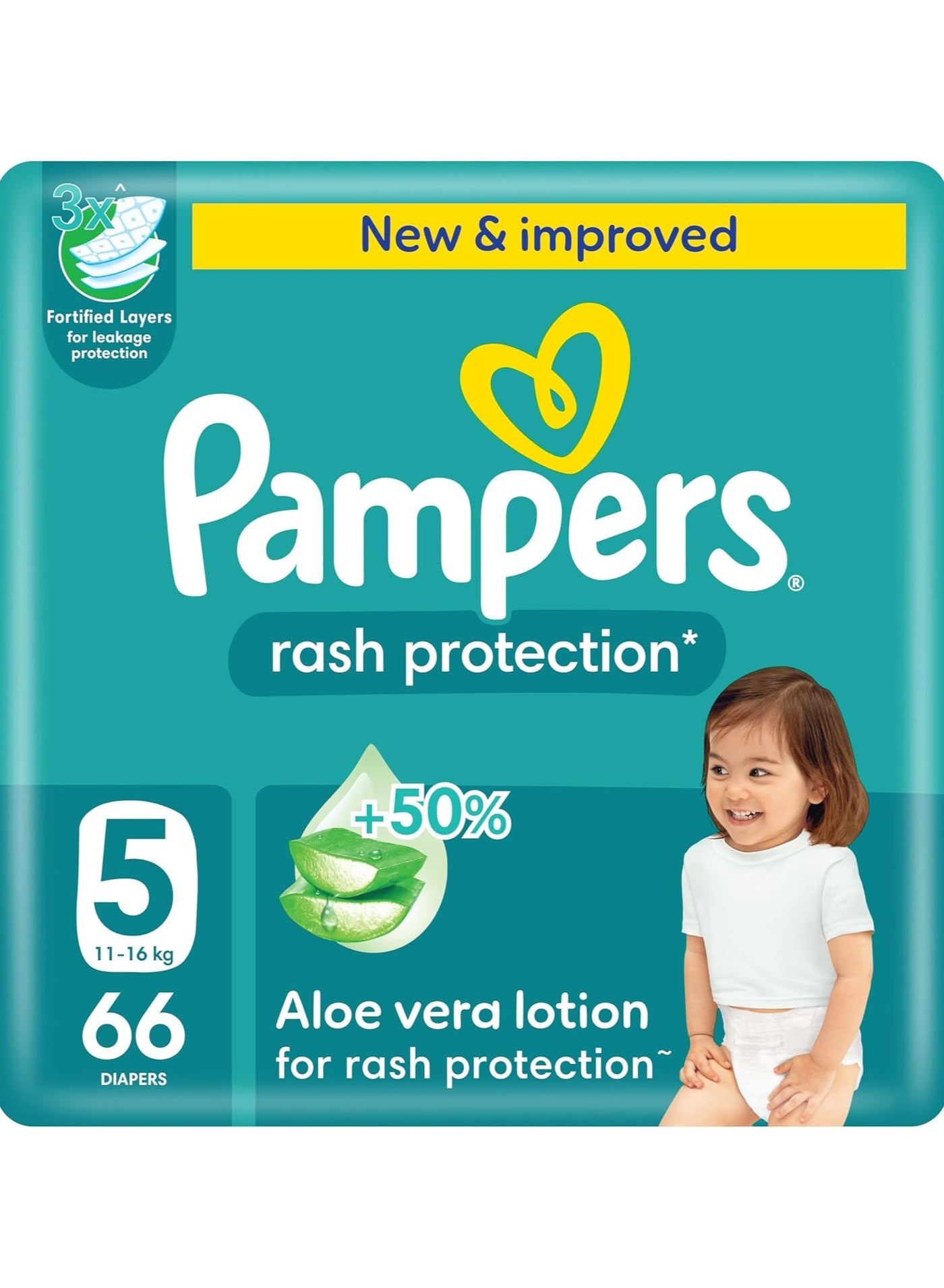 Pampers Rash Protection Taped Diapers, Size 5, 11-16kg, +50% Aloe Vera Lotion for Rash Protection, 3x Fortified Layers for Leakage Protection, Jumbo Pack, 66 Count