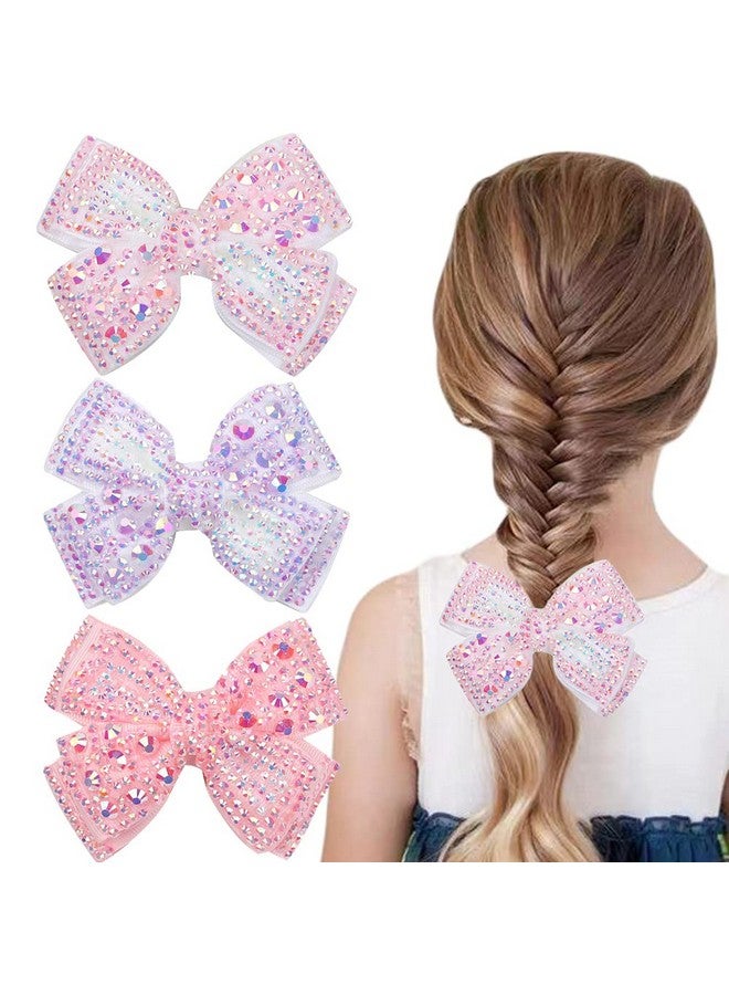 DINPREY 3 Pcs Pearl Hair Bows For Girls Rhinestone Bow Alligator Hair Clips Glitter Floral Bow Hairpins Holiday Hair Accessories For Women Xmas Party Gifts (Pink) - Image 2
