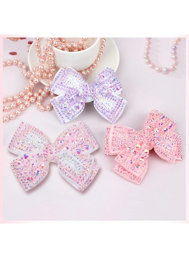 DINPREY 3 Pcs Pearl Hair Bows For Girls Rhinestone Bow Alligator Hair Clips Glitter Floral Bow Hairpins Holiday Hair Accessories For Women Xmas Party Gifts (Pink) - Image 4