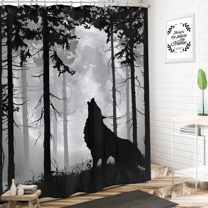 لايتن هوم Lightinhome Wolf Surtain 60wx72H بوصة ريفي داكن القمر أشجار القوطية القوطية حيوانات برية عويل من المشهد البري الغابات الحمام ديكور النسيج مقاوم للماء البوليستر ديكور المنزل مع السنانير - Image 1