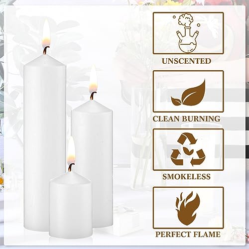 MTLEE 36 Pcs Pillar Candles Bulk Set of 3 Long Burning Wax Pillar Candles 2 in x 3, 6, 8 Inch Dripless Unscented Smokeless for Wedding Party Spa Lantern Fireplace Home(White) - Image 3