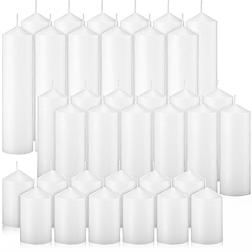 MTLEE 36 Pcs Pillar Candles Bulk Set of 3 Long Burning Wax Pillar Candles 2 in x 3, 6, 8 Inch Dripless Unscented Smokeless for Wedding Party Spa Lantern Fireplace Home(White) - Image 1