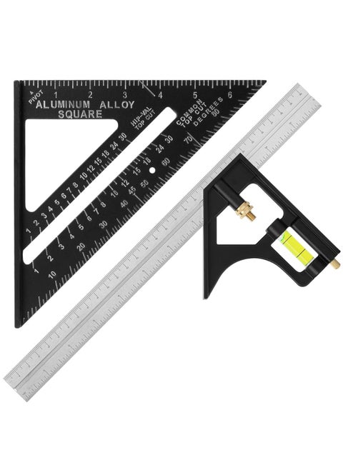 2PCS Rafter Square and Combination Square Tool Set, Black, Aluminum Carpenter Square, Framing Square, Square Tool, Woodworking Square, Combo Square