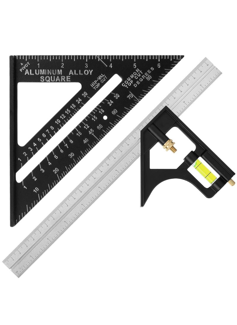 Generic 2PCS Rafter Square and Combination Square Tool Set, Black, Aluminum Carpenter Square, Framing Square, Square Tool, Woodworking Square, Combo Square  - Image 1